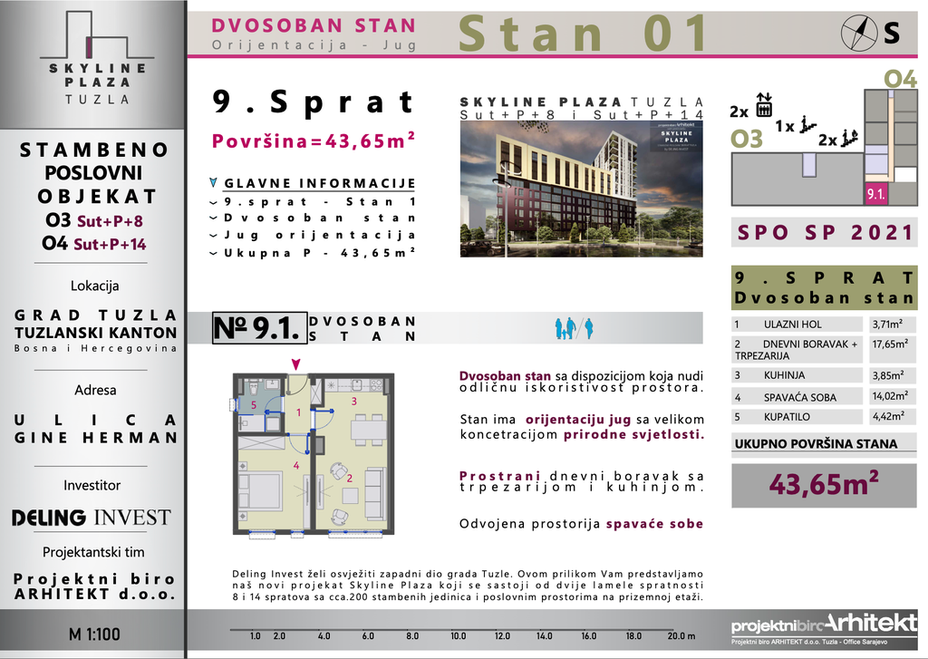 Skyline Plaza - 9.1 stan | 44 m² | CIJENA NA UPIT